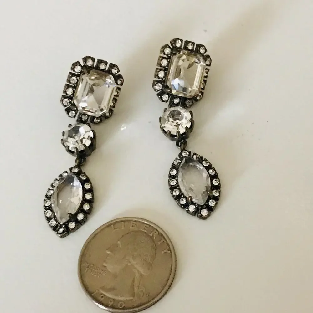 J. Crew Three Tier Drop Earrings: Clear Stones- Dark Antique Gold Tone metal
